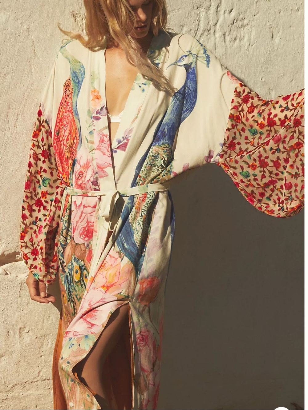 Anthropologie Aratta Silent Journey Bird Print Floral Long Kimono Robe Duster M